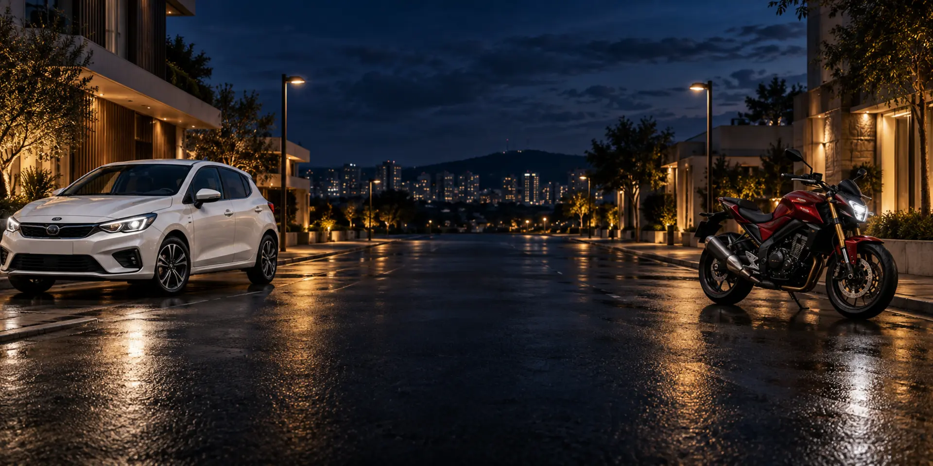 Carro e moto em cenário noturno
